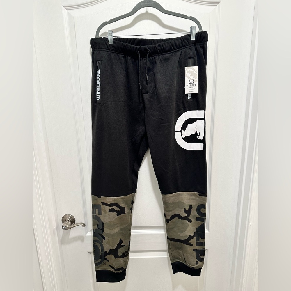 ECHO Unlimited Green Camo & Black Men’s Sweatpants Activewear Joggers, Size: XL